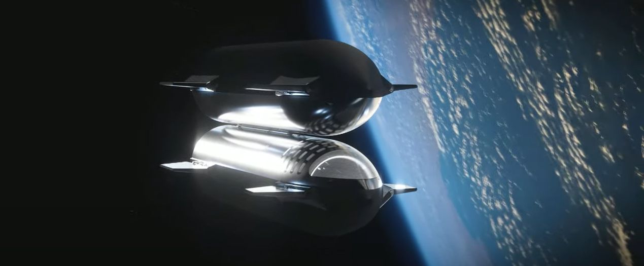 A still from a SpaceX video animation of the company's Starship rocket and Super Heavy booster launching astronauts to Mars, a trip that includes orbital refilling and booster landings.
