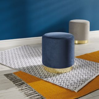 aldi velvet footstool and yellow and white mat