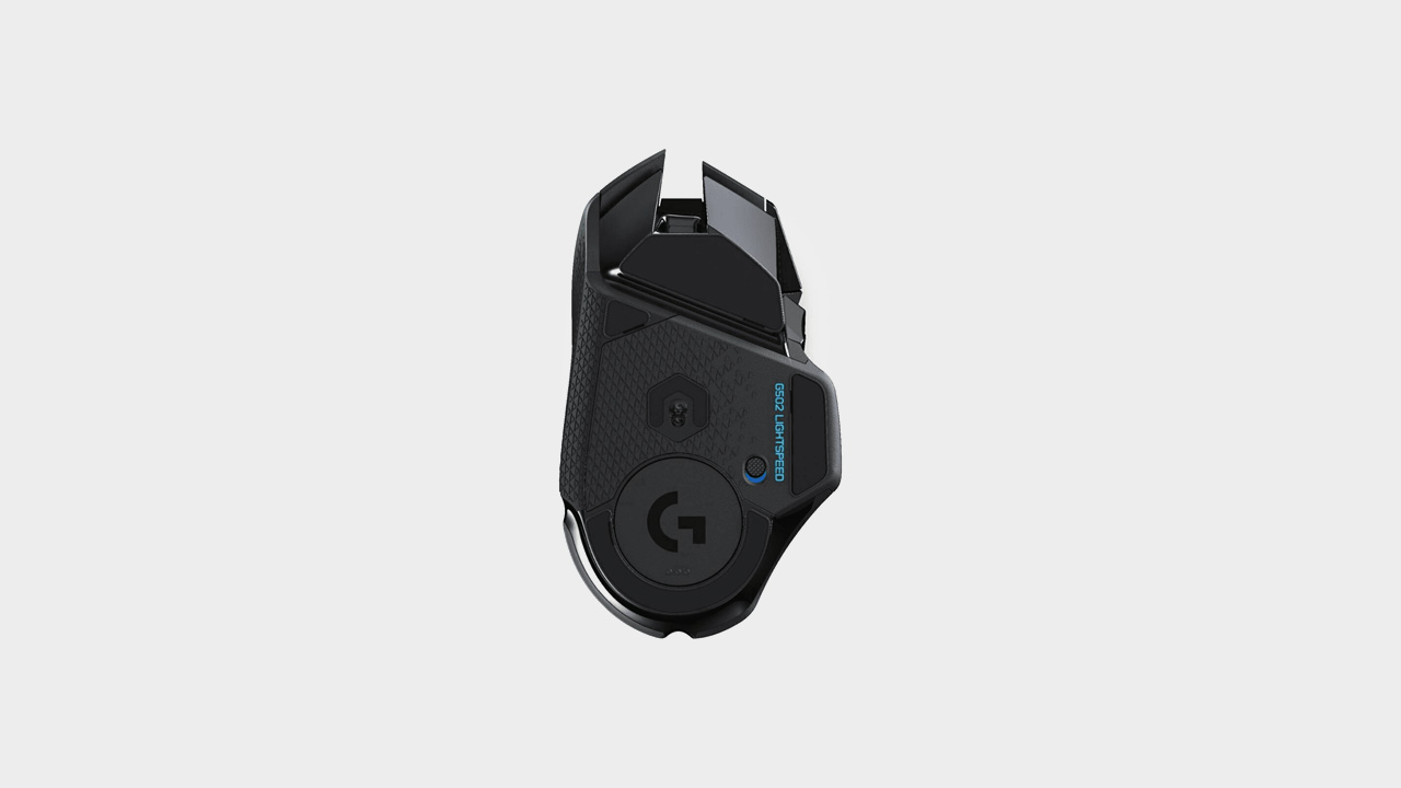 Logitech G502 Lightspeed Wireless mouse on a grey background