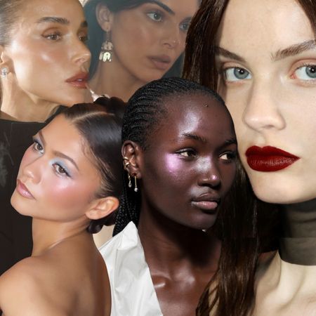 Five overlapping makeup photos with glossy lips and soft blush, pale blue eyeshadow at bottom left, pink-purple cheek shimmer in the center and dark red lipstick on the right