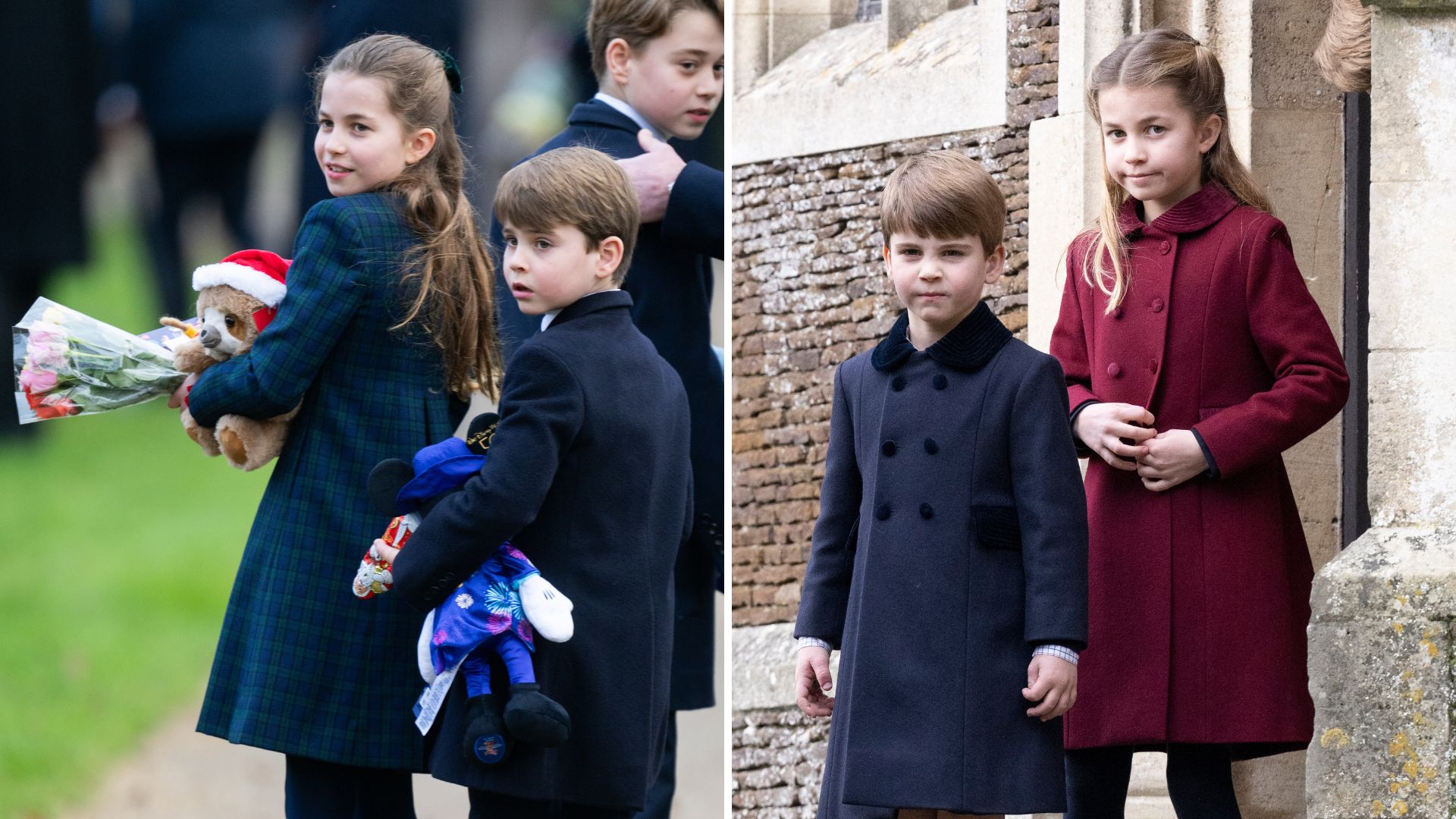 Two photos of Princess Charlotte and Prince Louis at Sandringham Christmas over the years