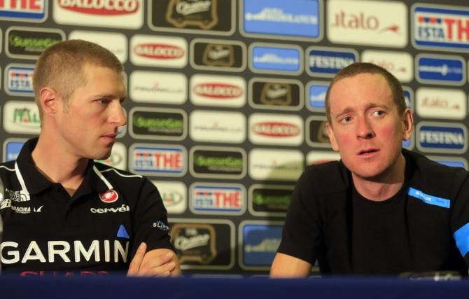 Reigning Giro champion Ryder Hesjedal and current Tour champion Bradley Wiggins at the pre-Giro press conference in Naples