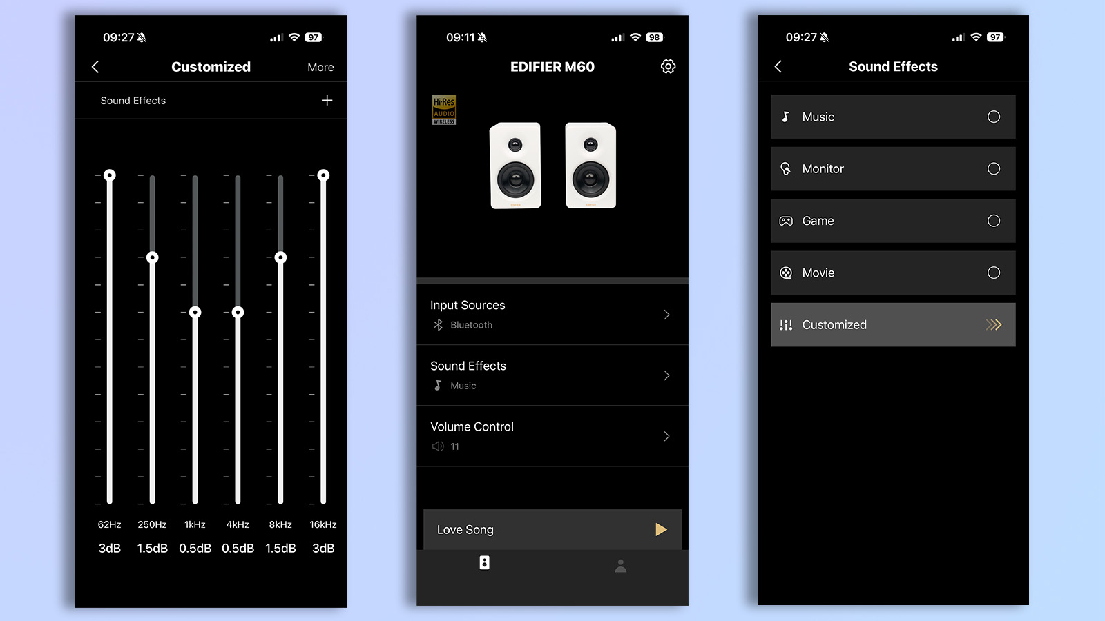 three screenshots from the edifier connex app showing functionality with the m60 speakers