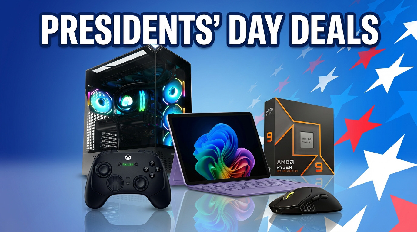 Presidents' Day deals curated by Windows Central, showing desktop PCs, laptops, and gaming accessories