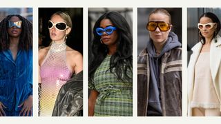 composite of street style images from nyfw showing five people wearing statement sunglasses