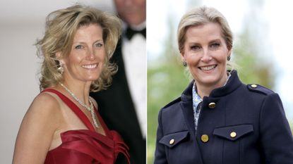 Composite of Duchess Sophie with beachy waves in 2011 and with her straight hair in 2024.