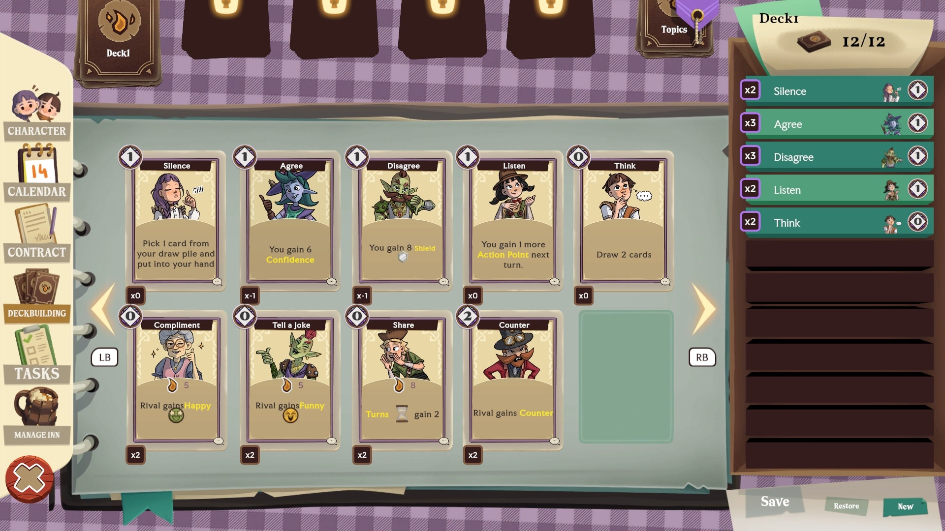 Magic Inn Early Access screenshot of a card deck showing various conversation interactions