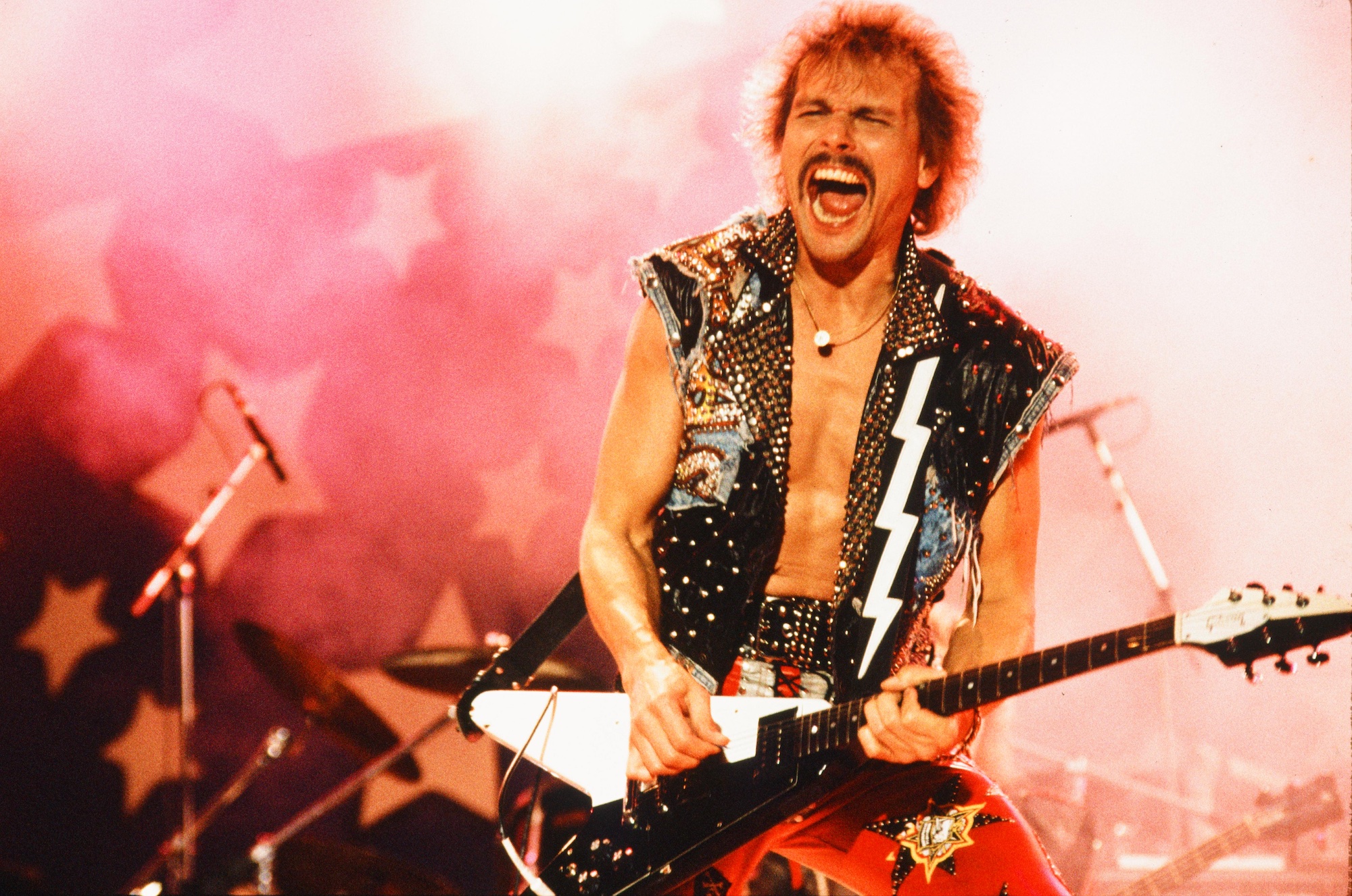 Rudolf Schenker performs onstage with the Scorpions at the Moscow Music Peace Festival in August 1989, at Luzhniki Stadium in Moscow, USSR