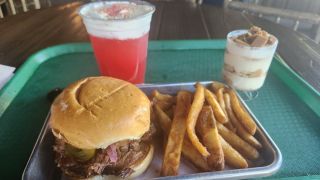 Hungry Bear Barbecue Jamboree brisket sandwich, strawberry shortcake lemonade, and banana pudding.