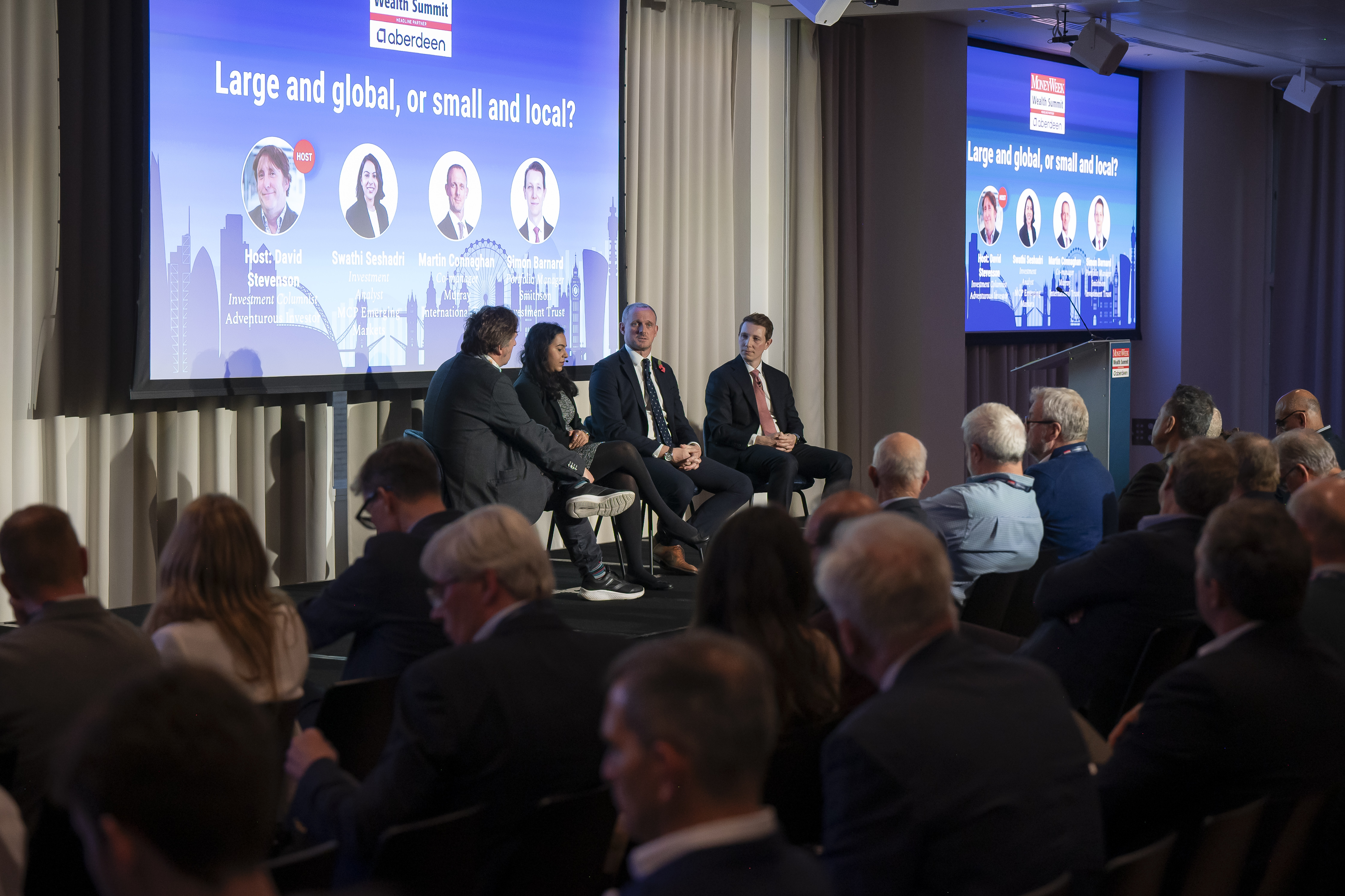 David C. Stevenson, Martin Connaghan of the Murray International Trust, Simon Barnard of the Smithson Investment Trust and Swathi Seshadri of MCP Emerging Markets