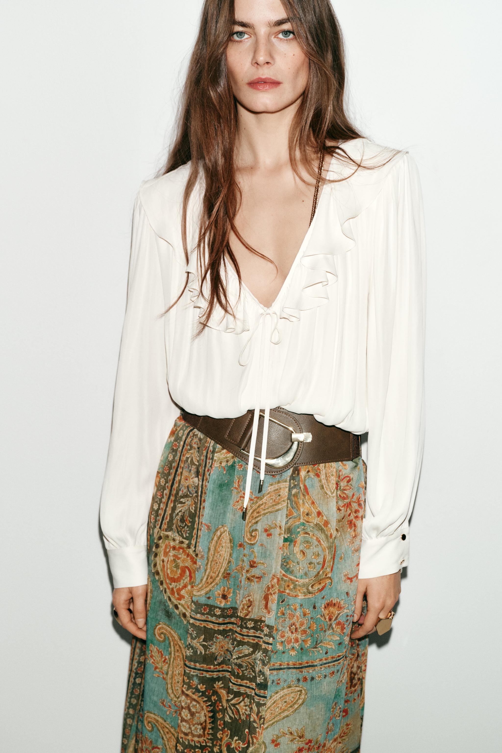 Satin Blouse With Ruffles and Shoulder Pads