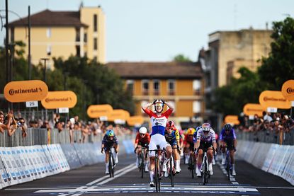 RAVENNA, ITALY - MAY 30: Lorena Wiebes of Netherlands and Team SD Worx - Protime celebrates at finish line as stage winner during the 37th Giro d'Italia Women 2026, Stage 1 a 139km stage from Cesenatico to Ravenna / #UCIWWT / on May 30, 2026 in Ravenna, Italy. (Photo by Luc Claessen/Getty Images)