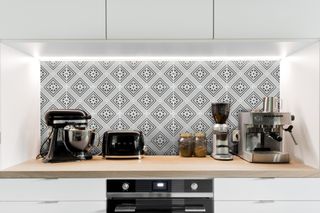 black and white monochrome patterned kitchen splashback tiles by Stone and Ceramic Warehouse