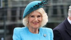 Queen Camilla arrives for a Ceremonial welcome at Brandenburg Gate on March 29, 2023
