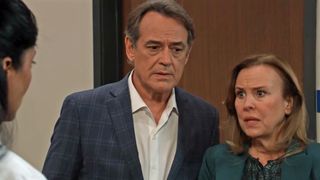 Jon Lindstrom and Genie Francis as Kevin and Laura concerned in General Hospital