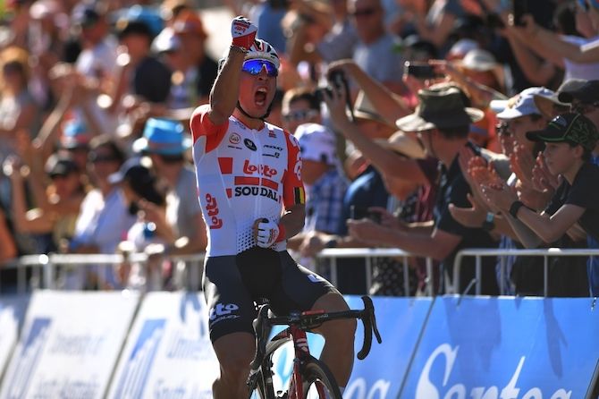 Caleb Ewan (Lotto Soudal) celebrates victory at the 2019 Down Under Classic