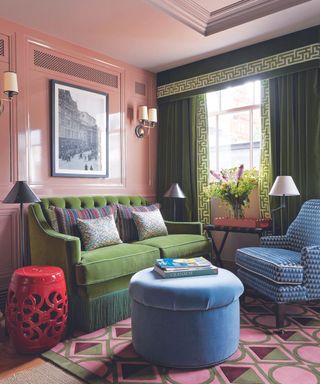 Green sofa, blue armchair and footstool