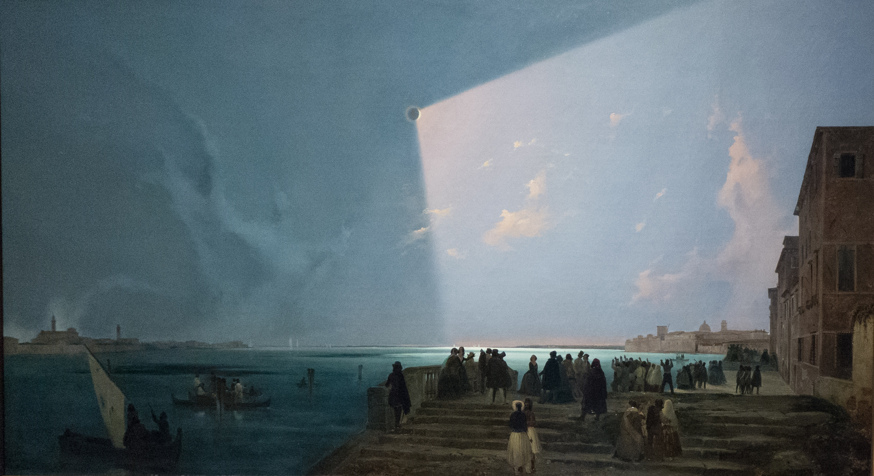A painting of people standing on a boardwalk. A solar eclipse is in the blue sky, lighting up only part of it.