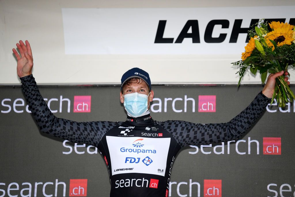 LACHEN SWITZERLAND JUNE 07 Stefan Kng of Switzerland and Team Groupama FDJ Black Points Jersey celebrates at podium during the 84th Tour de Suisse 2021 Stage 2 a 178km stage from Neuhausen am Rheinfall to Lachen UCIworldtour tds tourdesuisse on June 07 2021 in Lachen Switzerland Photo by Tim de WaeleGetty Images
