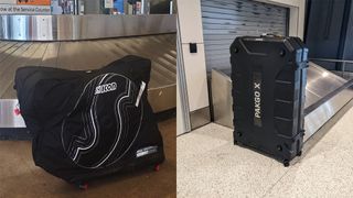 Composite image with a picture of two bike bags at baggage carousels