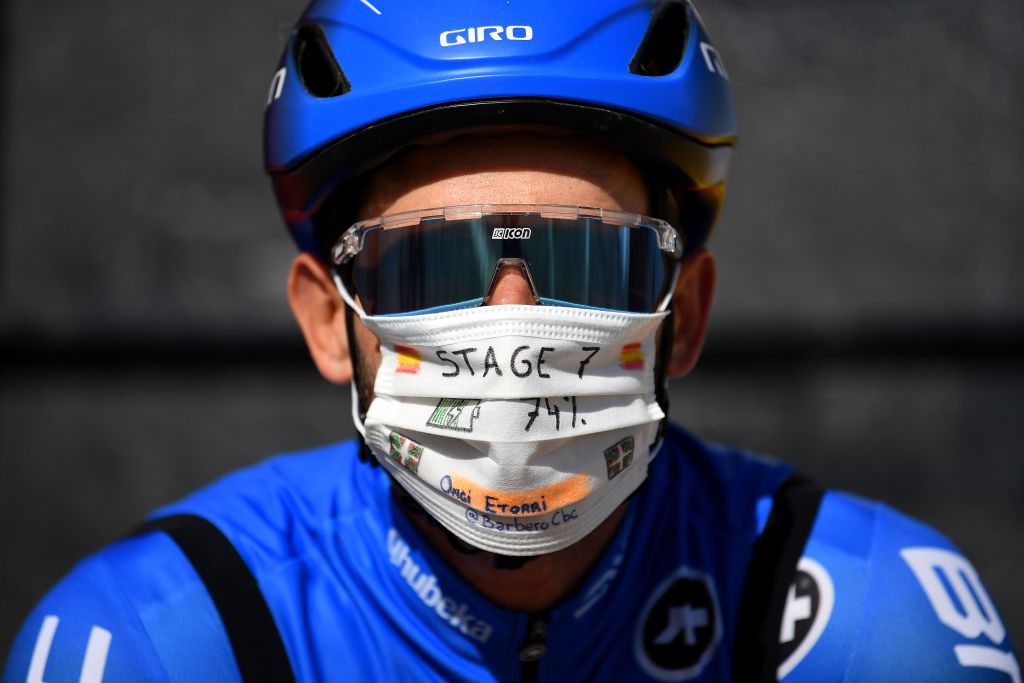 VILLANUEVA DE VALDEGOVIA SPAIN OCTOBER 27 Start Carlos Barbero Cuesta of Spain and NTT Pro Cycling Team VitoriaGasteiz Team Presentation Mask Covid Safety Measures during the 75th Tour of Spain 2020 Stage 7 a 1597km from VitoriaGasteiz to Villanueva de Valdegovia lavuelta LaVuelta20 La Vuelta on October 27 2020 in Villanueva de Valdegovia Spain Photo by Justin SetterfieldGetty Images