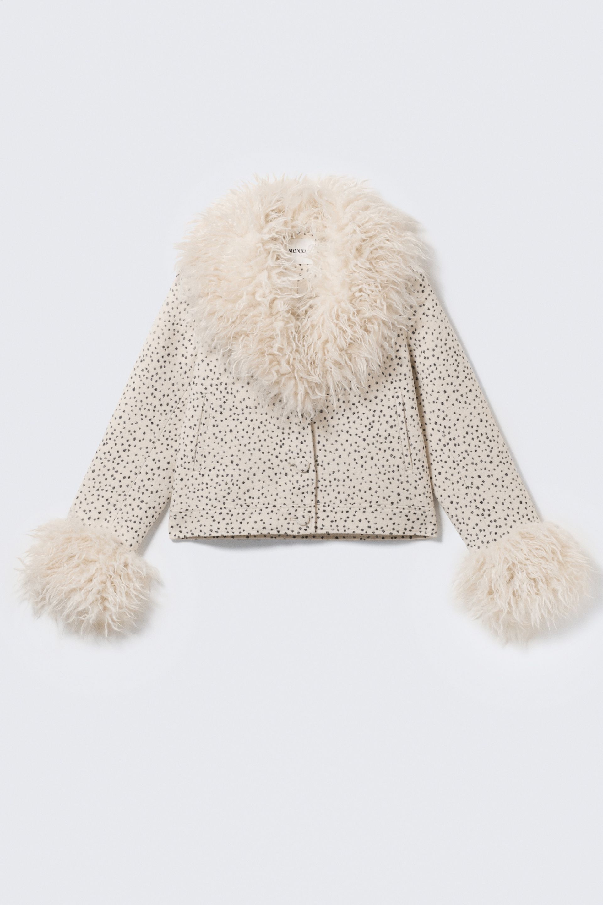 Cropped Faux Fur Trim Jacket - Dusty White - Black Dots