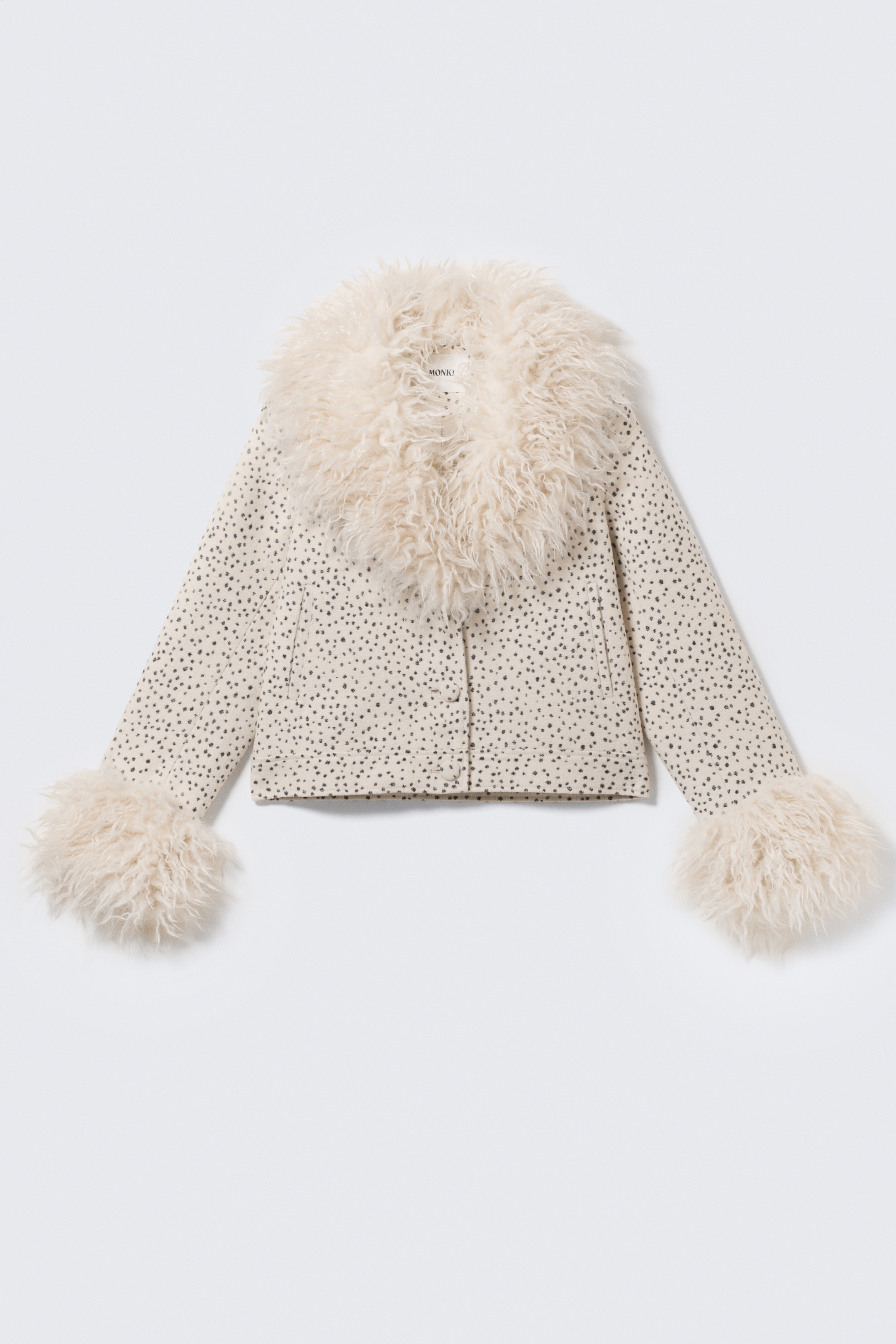 Cropped Faux Fur Trim Jacket - Dusty White - Black Dots