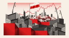 Photo composite illustration of the Warsaw skyline, Polish flag, zloty notes, shipping containers and shipyard cranes
