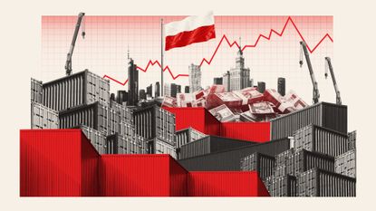 Photo composite illustration of the Warsaw skyline, Polish flag, zloty notes, shipping containers and shipyard cranes