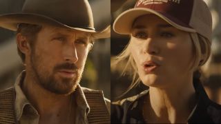 From left to right: screenshots of Ryan Gosling and Emily Blunt talking to each other in The Fall Guy.