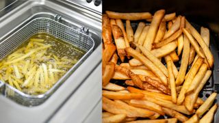 Fries cooking in a deep fat fryer, and fries cooking in an air fryer