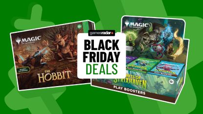 MTG Hobbit and Secrets of Strixhaven product boxes behind a GamesRadar+ Black Friday deals badge, all on a green background
