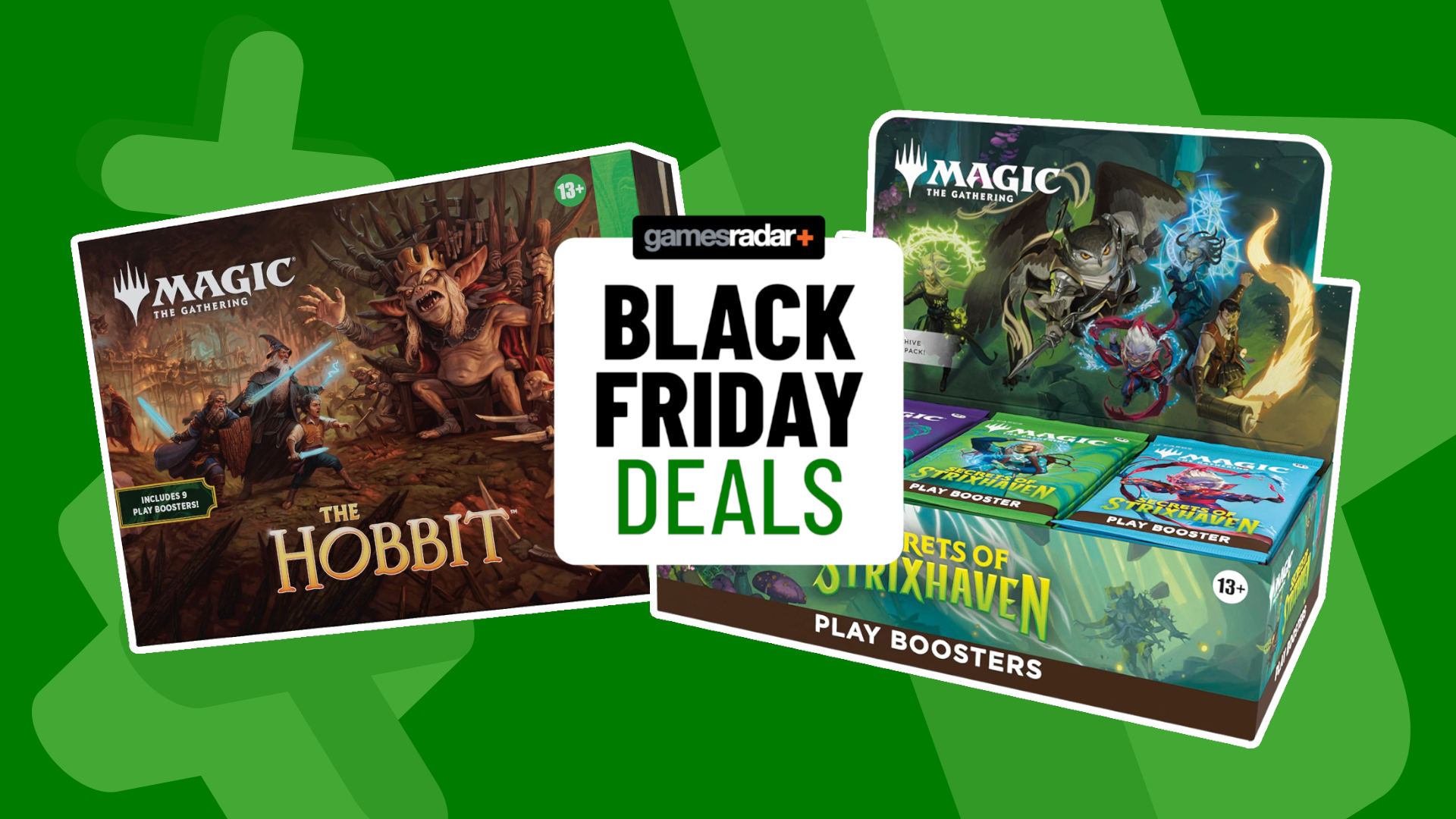 MTG Hobbit and Secrets of Strixhaven product boxes behind a GamesRadar+ Black Friday deals badge, all on a green background