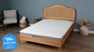 The Octasmart Deluxe Memory Foam Mattress in a light blue bedroom. A Prime Day deals badge can be seen in the bottom left foreground.