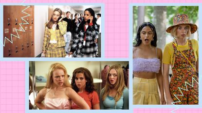 Film stills from Clueless, Mean Girls and Do Revenge in a pink and blue background