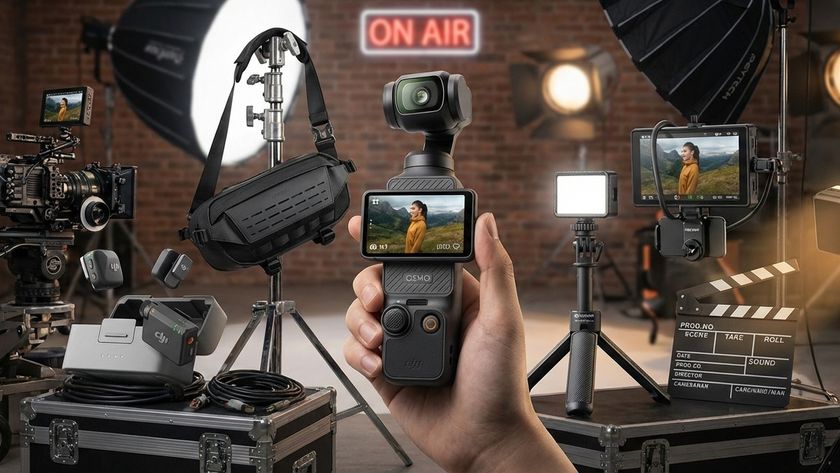 A collection of vlogging and content camera gear, centered by the DJI Pocket 3, film set backdrop