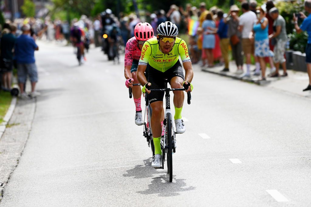 UTRECHT NETHERLANDS AUGUST 20 LR Julius Van Den Berg of Netherlands and Team EF Education Easypost and Thibault Guernalec of France and Team Arka Samsic compete in the breakaway during the 77th Tour of Spain 2022 Stage 2 a 1751km stage from sHertogenbosch to Utrecht LaVuelta22 WorldTour on August 20 2022 in Utrecht Netherlands Photo by Tim de WaeleGetty Images