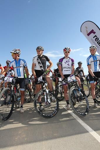 The start of the elite men's race with Lachlan Norris, Paul van der Ploeg, Dan McConnell and Josh Carlson