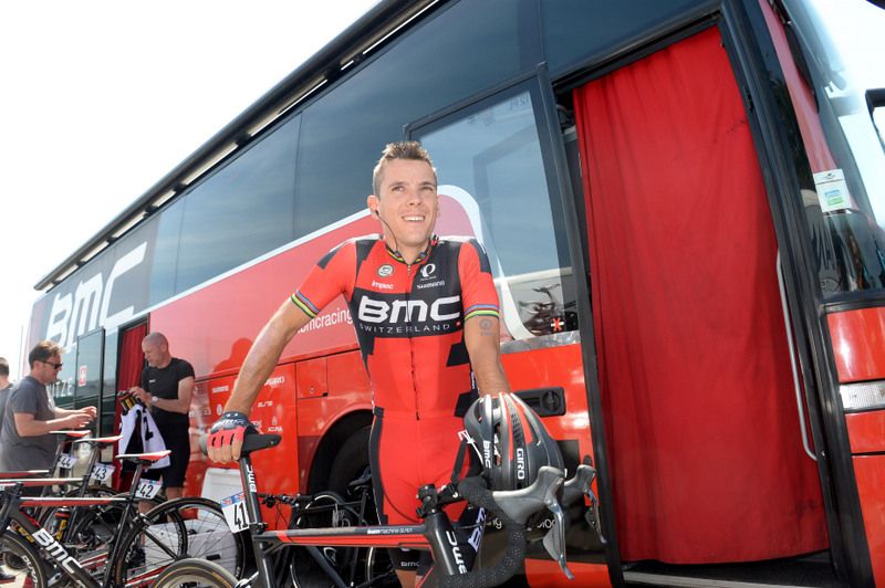 Philippe Gilbert at the BMC bus which he is not sleeping in for the race for 'marginal gains'