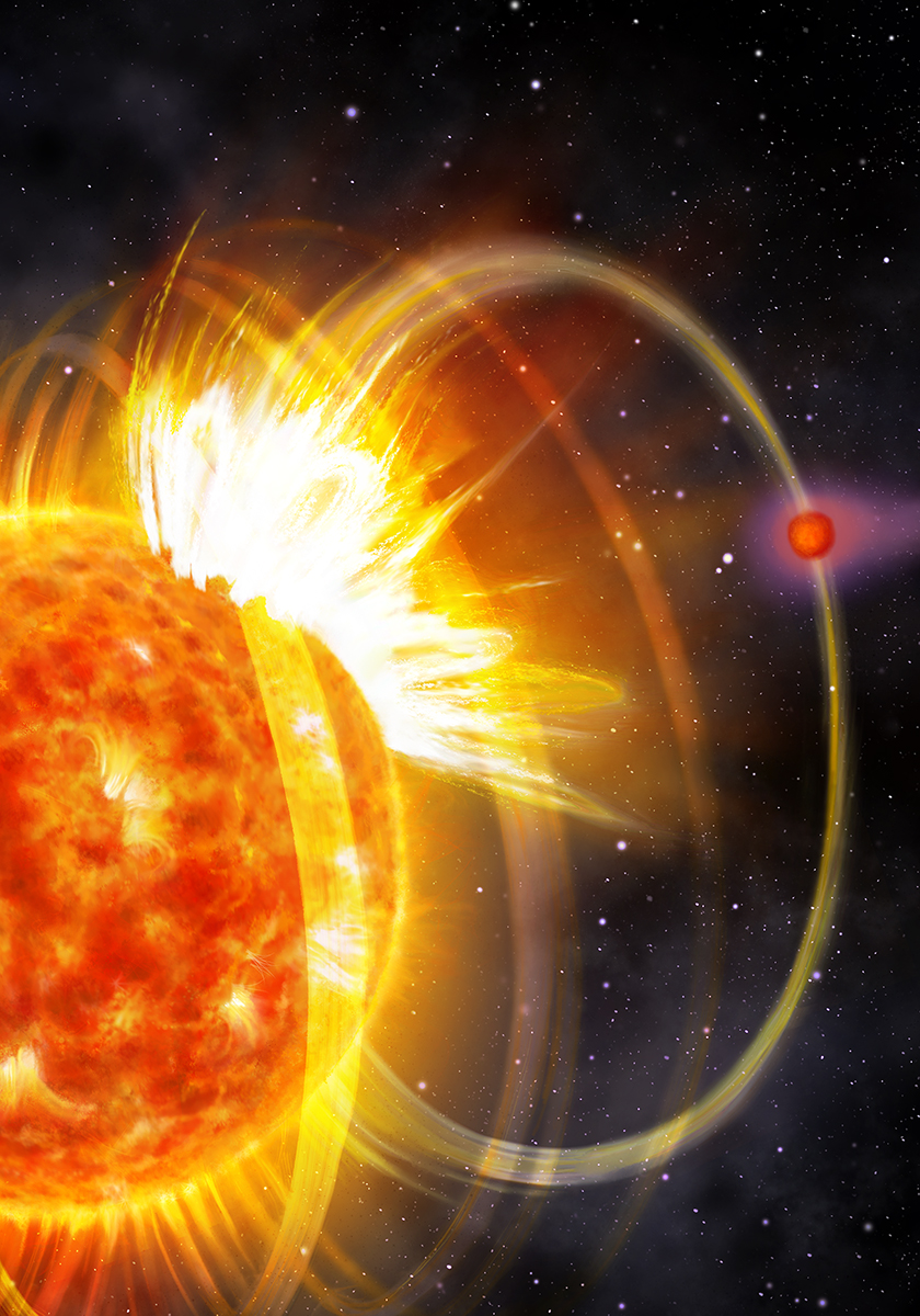 A huge, fiery red and orange sphere surrounded by looping orange arcs, upon which is a purple and red sphere.