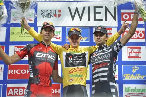 Steve Morabito (BMC), Jakob Fuglsang (RadioShack-Nissan) and Robert Vrecer (Team Voralberg) made up the 2012 Tour of Austria podium