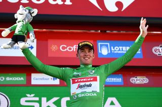 MONTILLA SPAIN SEPTEMBER 02 Mads Pedersen of Denmark and Team Trek Segafredo Green Points Jersey celebrates at podium during the 77th Tour of Spain 2022 Stage 13 a 1684km stage from Ronda to Montilla 315m LaVuelta22 WorldTour on September 02 2022 in Montilla Spain Photo by Tim de WaeleGetty Images