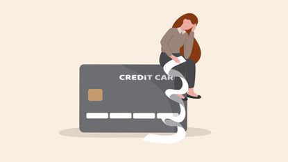 An illustration of a tired woman sitting on top of a credit card holding a long receipt. 