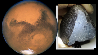 On the left an orange-brown sphere on the right a smooth black rock