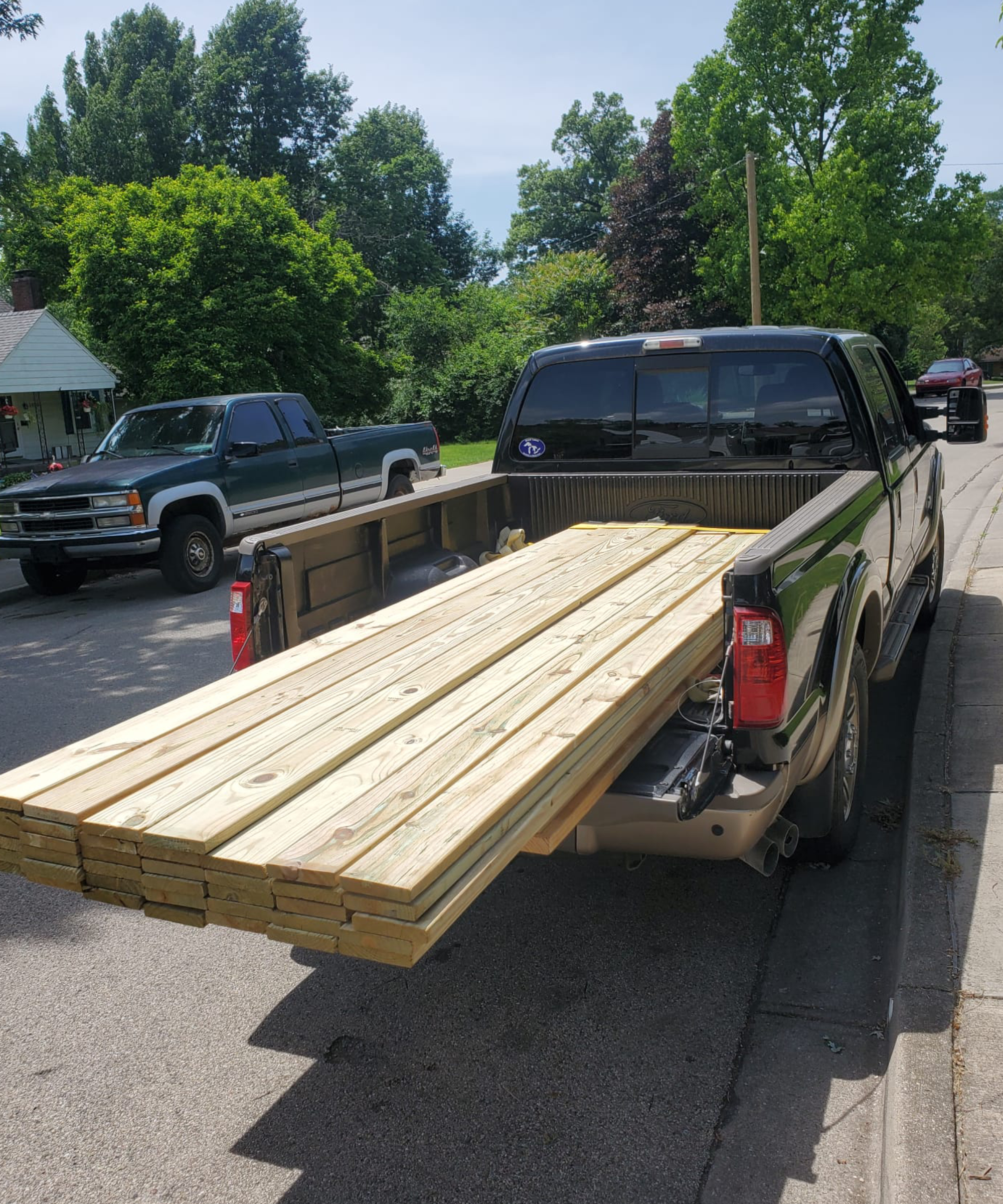Lumber in back of truck bed
