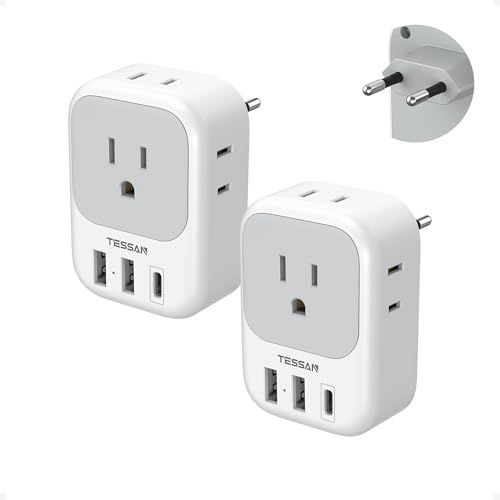 2 Pack European Plug Adapter Usb C, Tessan Us to Europe Adapter 4 Outlets 3 Usb Charger, Type C International Power Adaptor to Italy Spain France Portugal Iceland Germany, Europe Travel Essentials