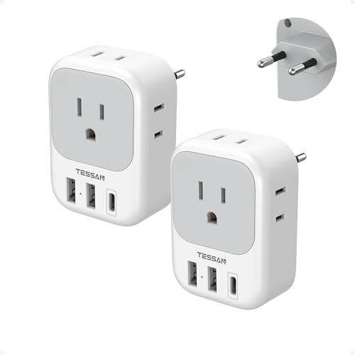 2 Pack European Plug Adapter Usb C, Tessan Us to Europe Adapter 4 Outlets 3 Usb Charger, Type C International Power Adaptor to Italy Spain France Portugal Iceland Germany, Europe Travel Essentials