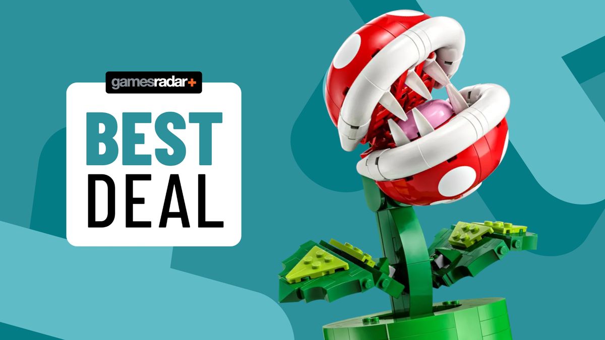 Lego Piranha Plant beside a &#039;best deal&#039; badge, all against an aqua background