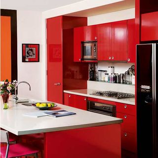 kitchen with red and white combination