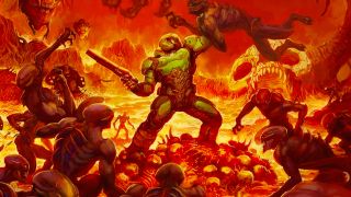 Doom concept art of Doomguy surrounded by enemies in a fiery hellish environment